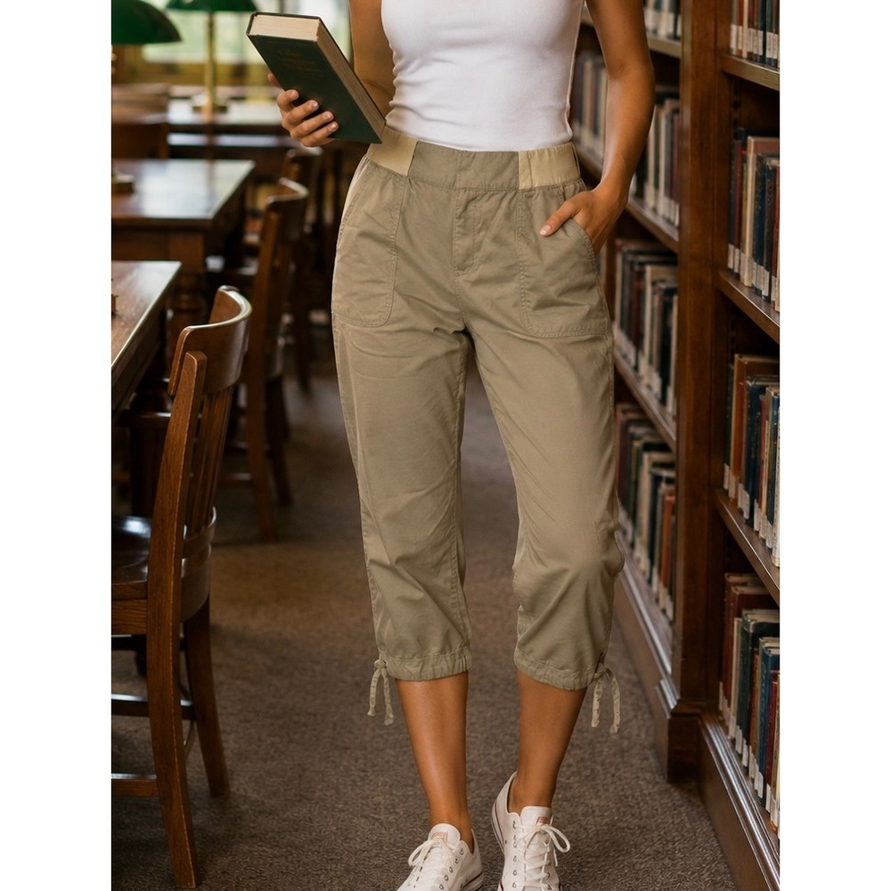 Merrell Womens Khaki Cotton Linen Hiking Capri Pants Size 14 Drawstring Hem